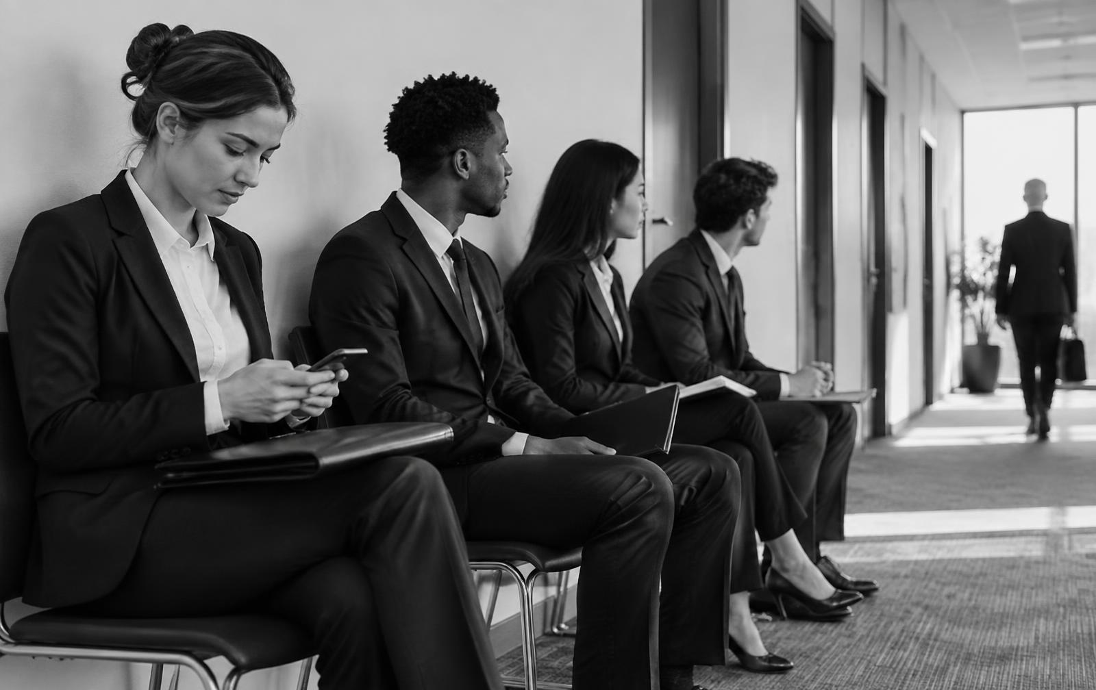 A line of candidates in business attire waiting in a corridor outside interview rooms