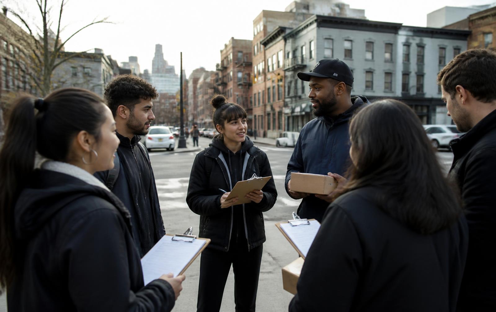 A small field marketing team standing on a city street corner planning before an event