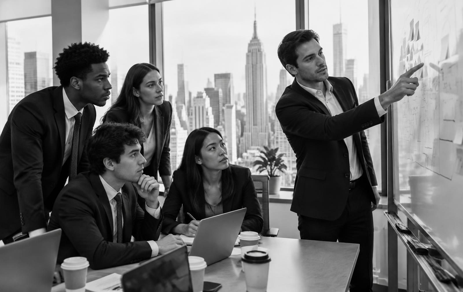 Business interns gathered around a whiteboard with a manager in a New York office