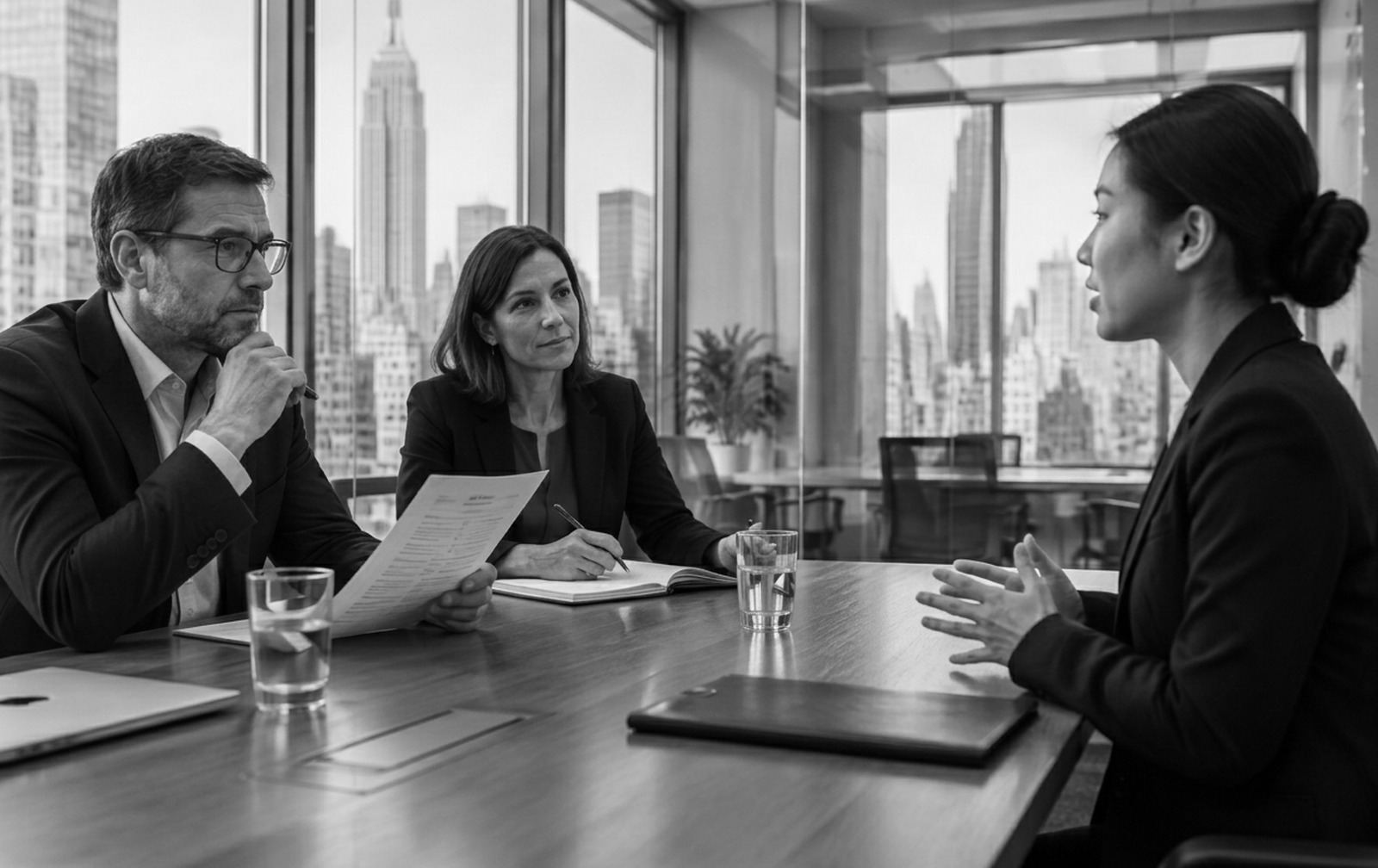 Two recruiters reviewing a resume across a conference table from a candidate in a New York office