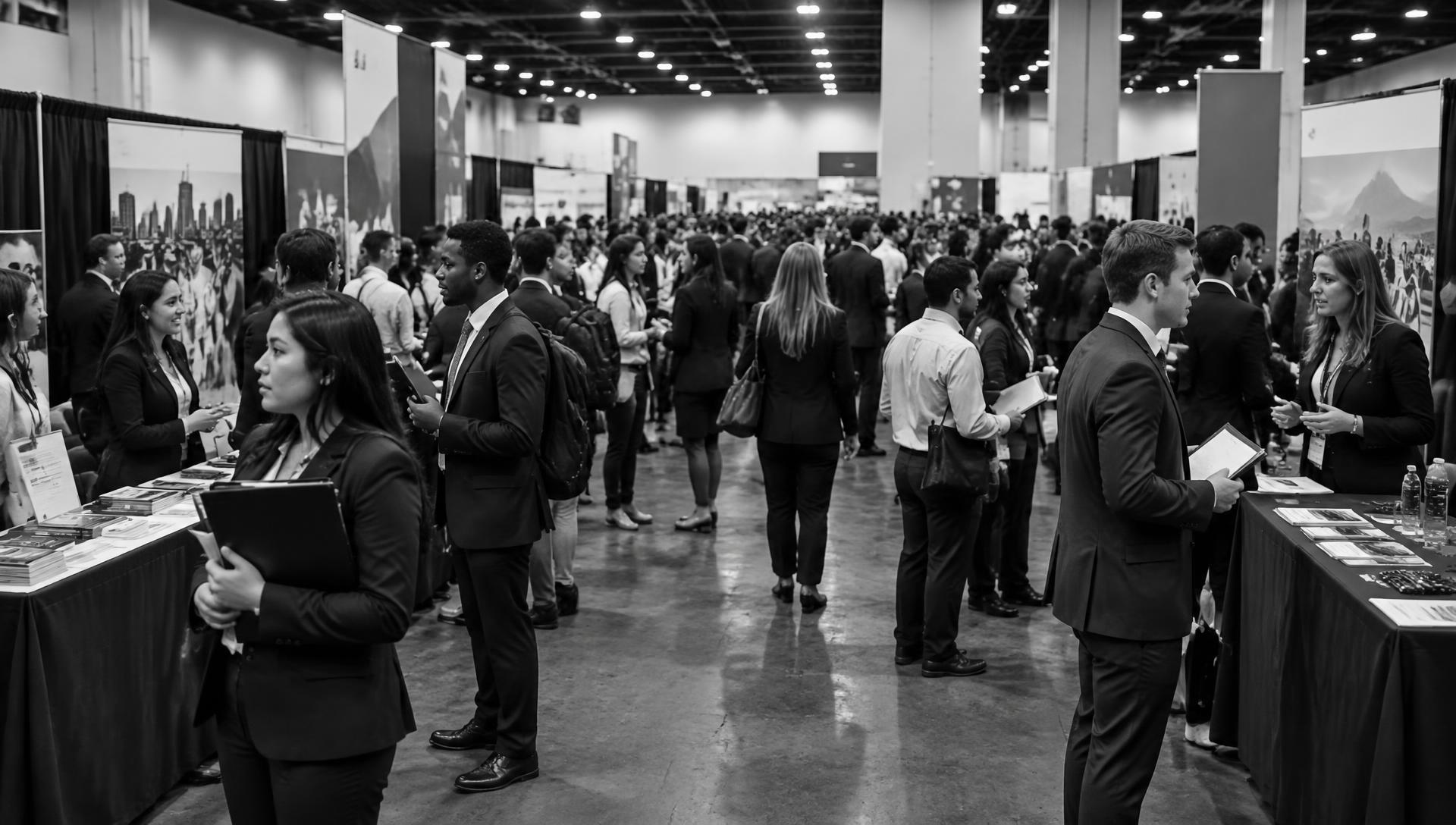 A crowded career fair inside a convention hall with rows of recruiting booths and job seekers holding folders