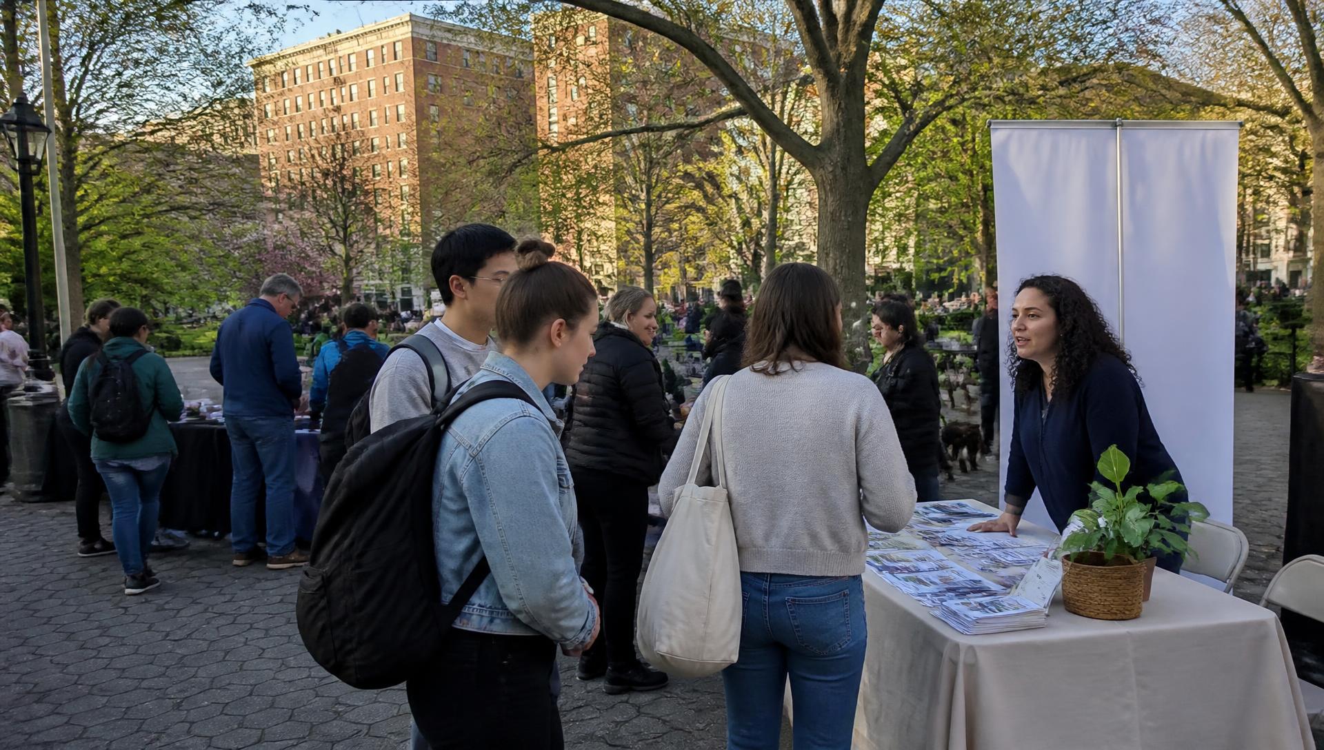 Wide view of an outdoor community event in a city park with a promotional table and people talking to staff