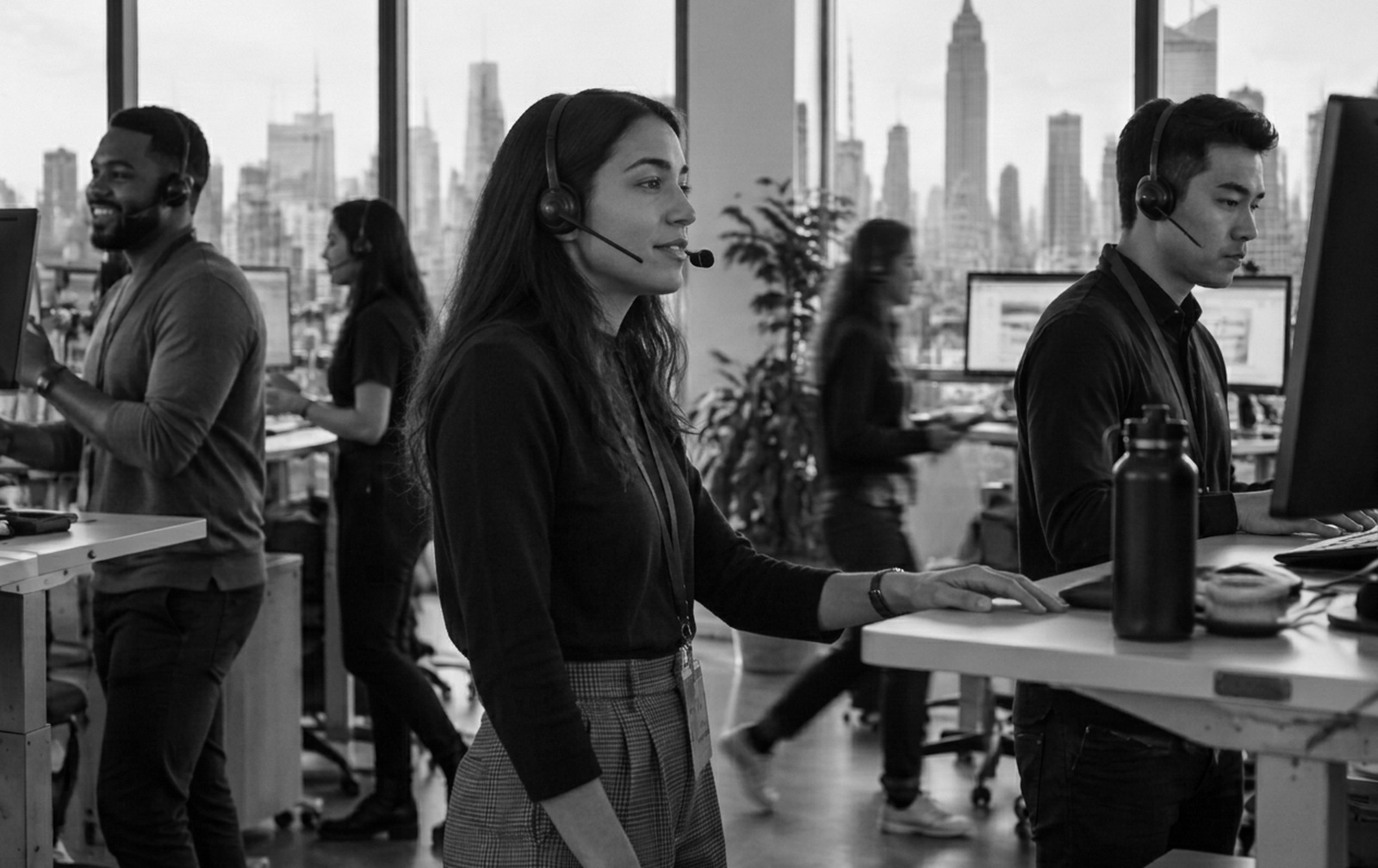 A young sales team wearing headsets on a New York office call floor, one person mid-conversation